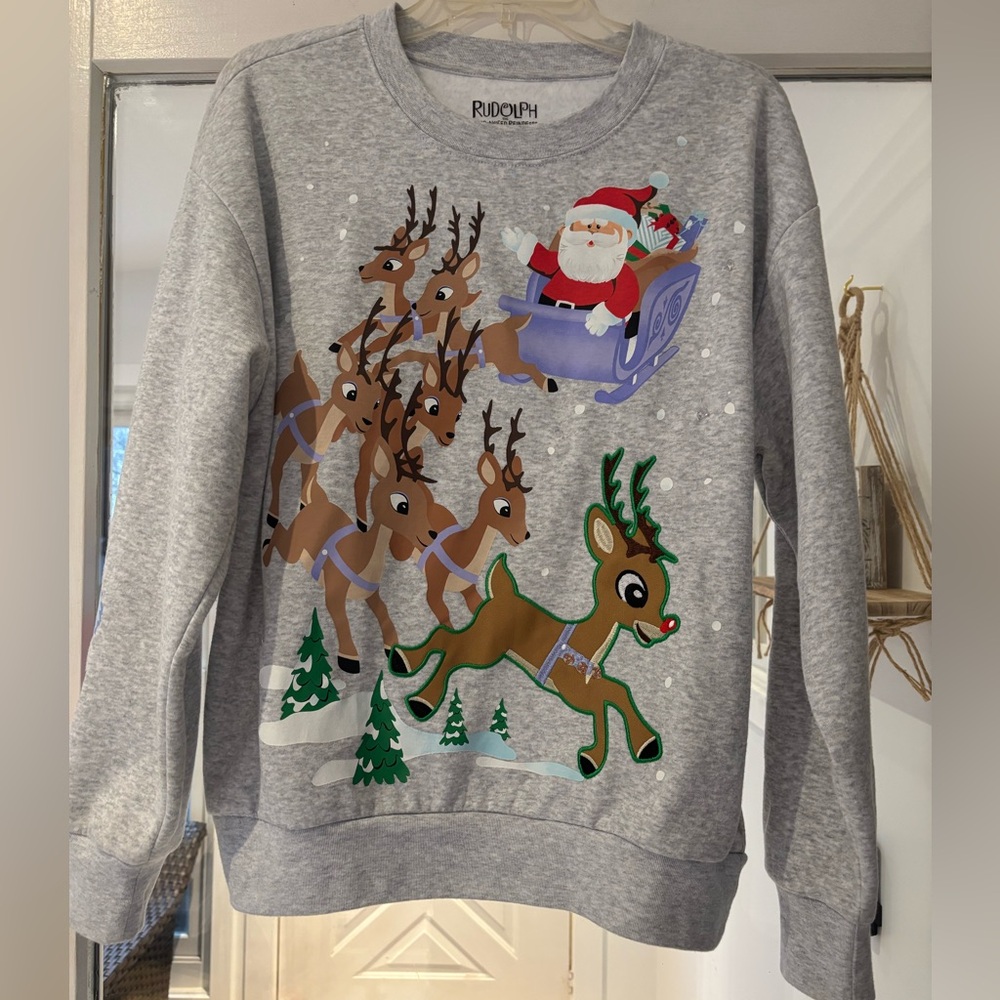 Rudolph Grey Light Up Holiday Sweatshirt with Santa and Reindeer